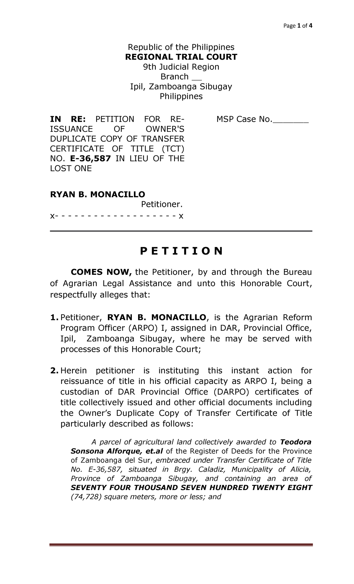 Reissuance Of Title And Judicial Affidavit Ryan Copy Republic Of The Philippines Regional 6566