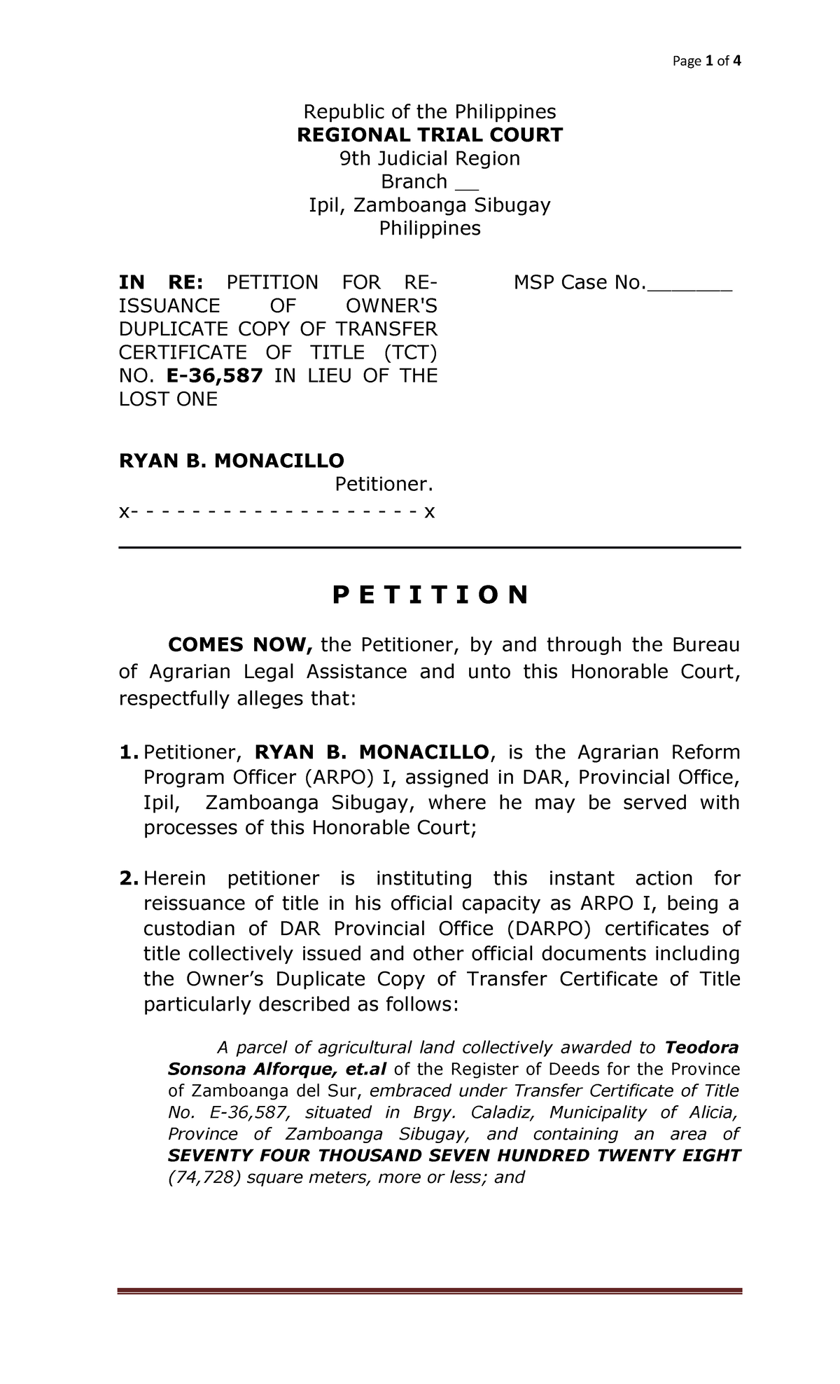 Reissuance of title and Judicial affidavit - Ryan - Copy - Republic of the Philippines REGIONAL ...