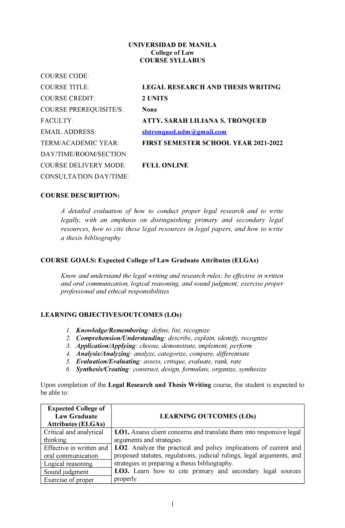 thesis writing syllabus philippines