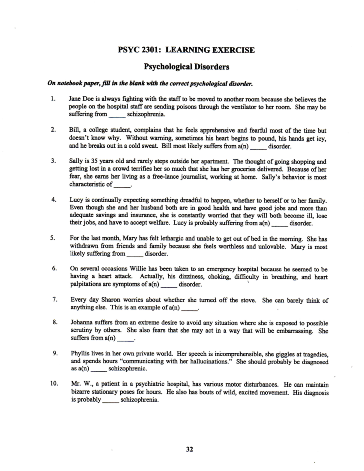 WS-Chapter 15 - PSYC2301: LEARNING EXERCISE Psychological Disorders On ...