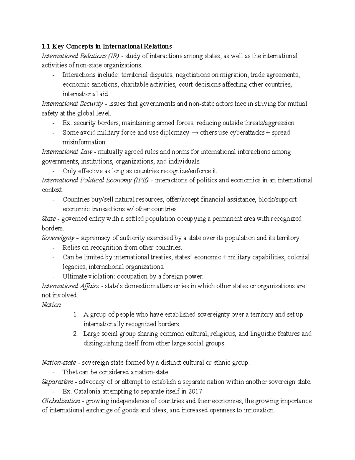POLS 1160 Reading Notes - 1 Key Concepts in International Relations ...