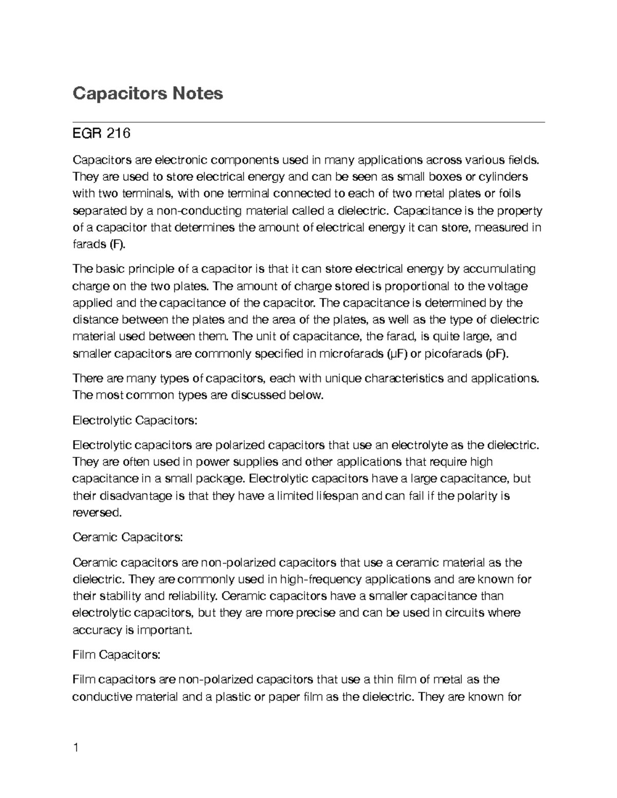 Capacitors Notes Capacitors Notes EGR 216 Capacitors are electronic