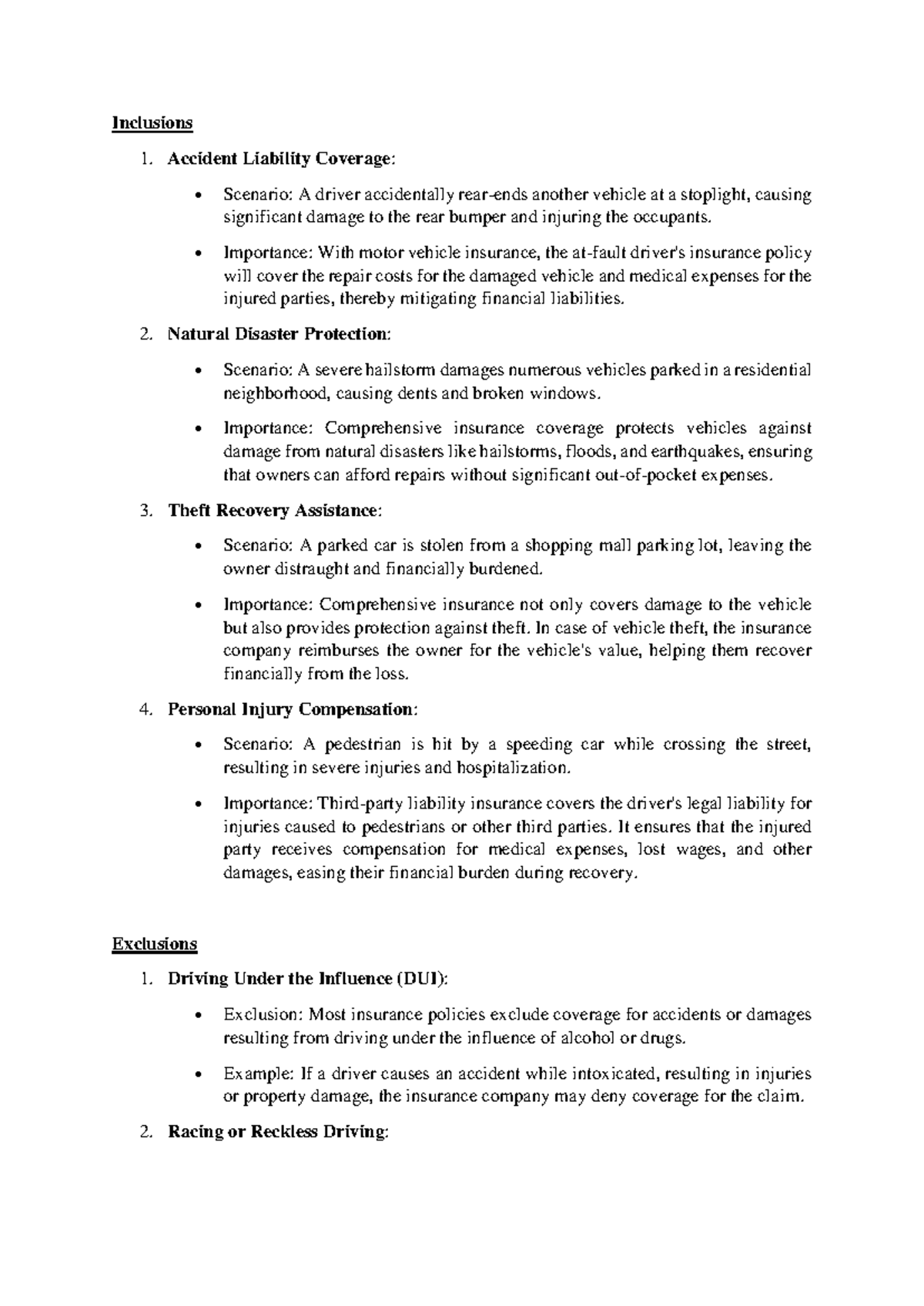 Inclusions & Exclusions - MV Insurance - Inclusions 1. Accident ...