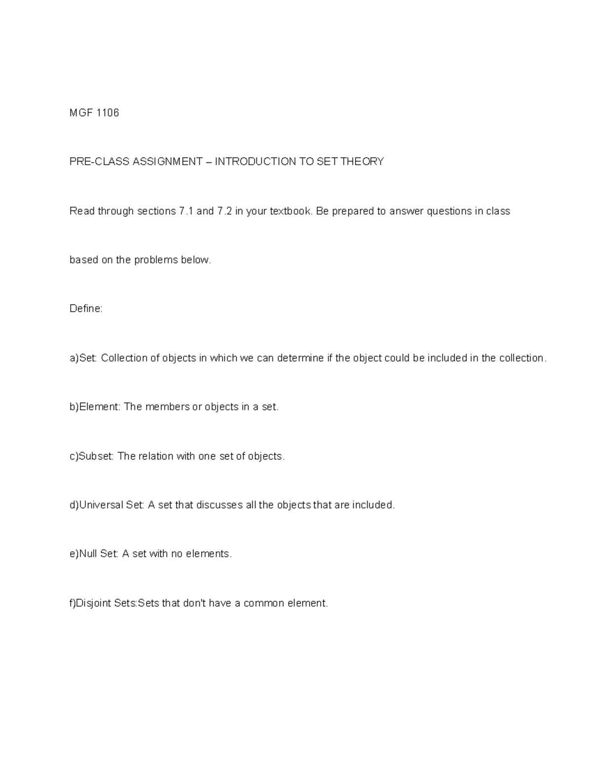 Pre class assignment 1 - union sets - MGF 1106 PRE-CLASS ASSIGNMENT ...