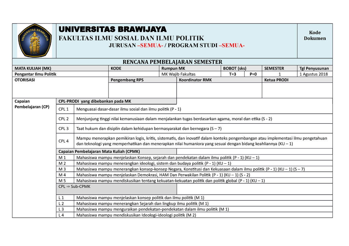 Rencana Pembelajaran Semester Pengantar Ilmu Politik UB Studocu