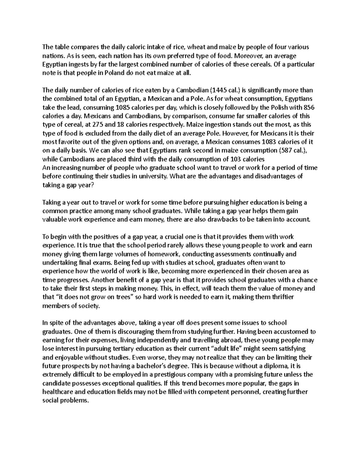 Essay 5 - The table compares the daily caloric intake of rice, wheat ...