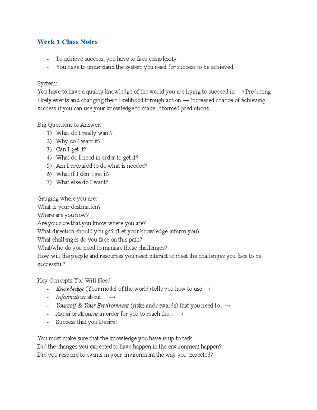Class and Reading Notes - Week 1 Class Notes To achieve success, you ...