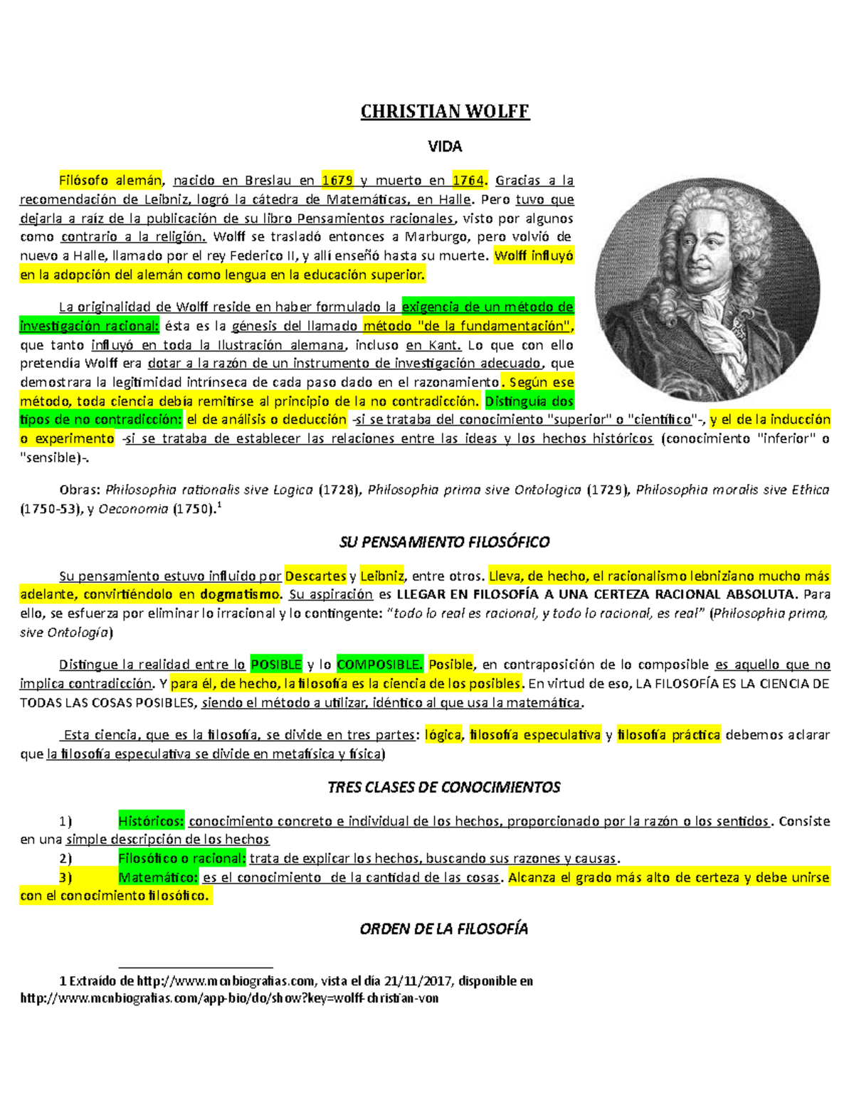 Christian Wolff Apuntes 1 CHRISTIAN WOLFF VIDA Filósofo alemán nacido en Breslau en 1679 y