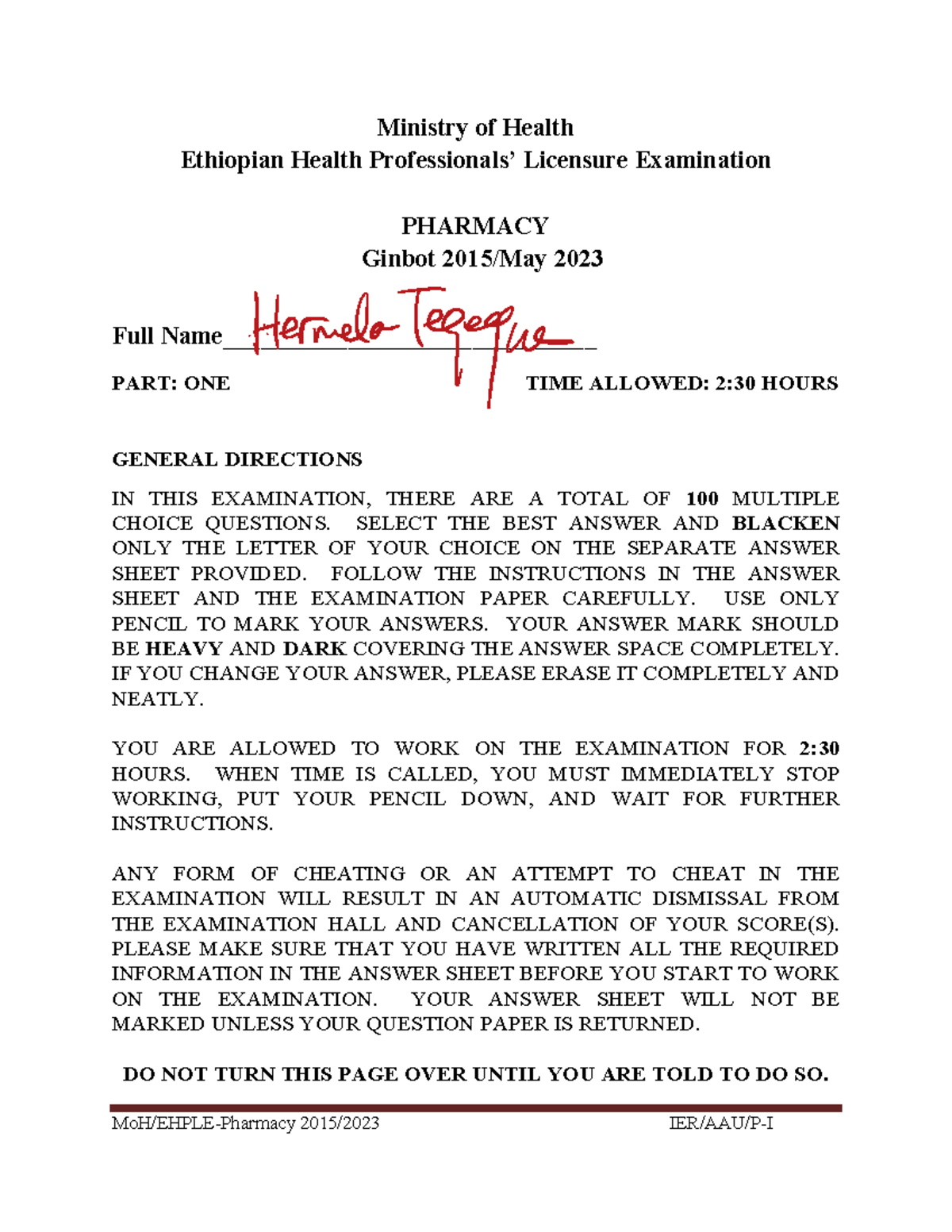 COC Part I 2023 COC Exam Ministry of Health Ethiopian Health