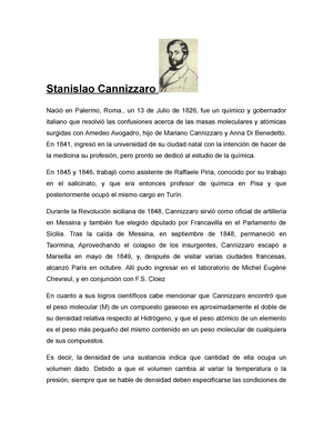 Biografia Stanislau - Stanislao Cannizzaro en Palermo, Roma., un 13 de  Julio de 1826, fue un y - Studocu