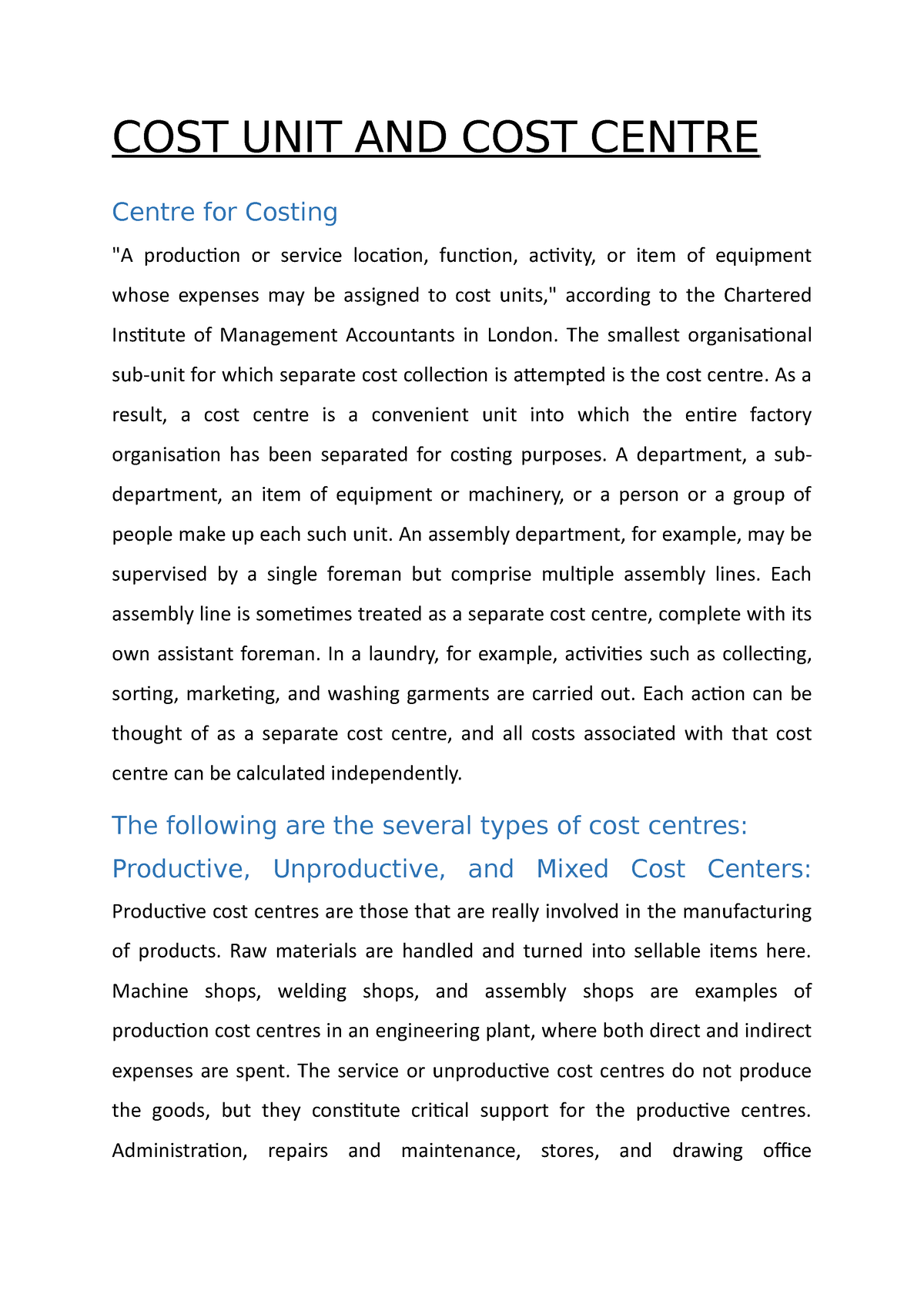 COST UNIT AND COST Centre COST UNIT AND COST CENTRE Centre For 