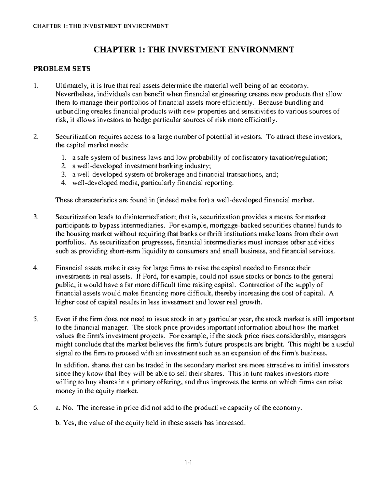 Answers-Chap001 - CHAPTER 1: THE INVESTMENT ENVIRONMENT CHAPTER 1: THE ...