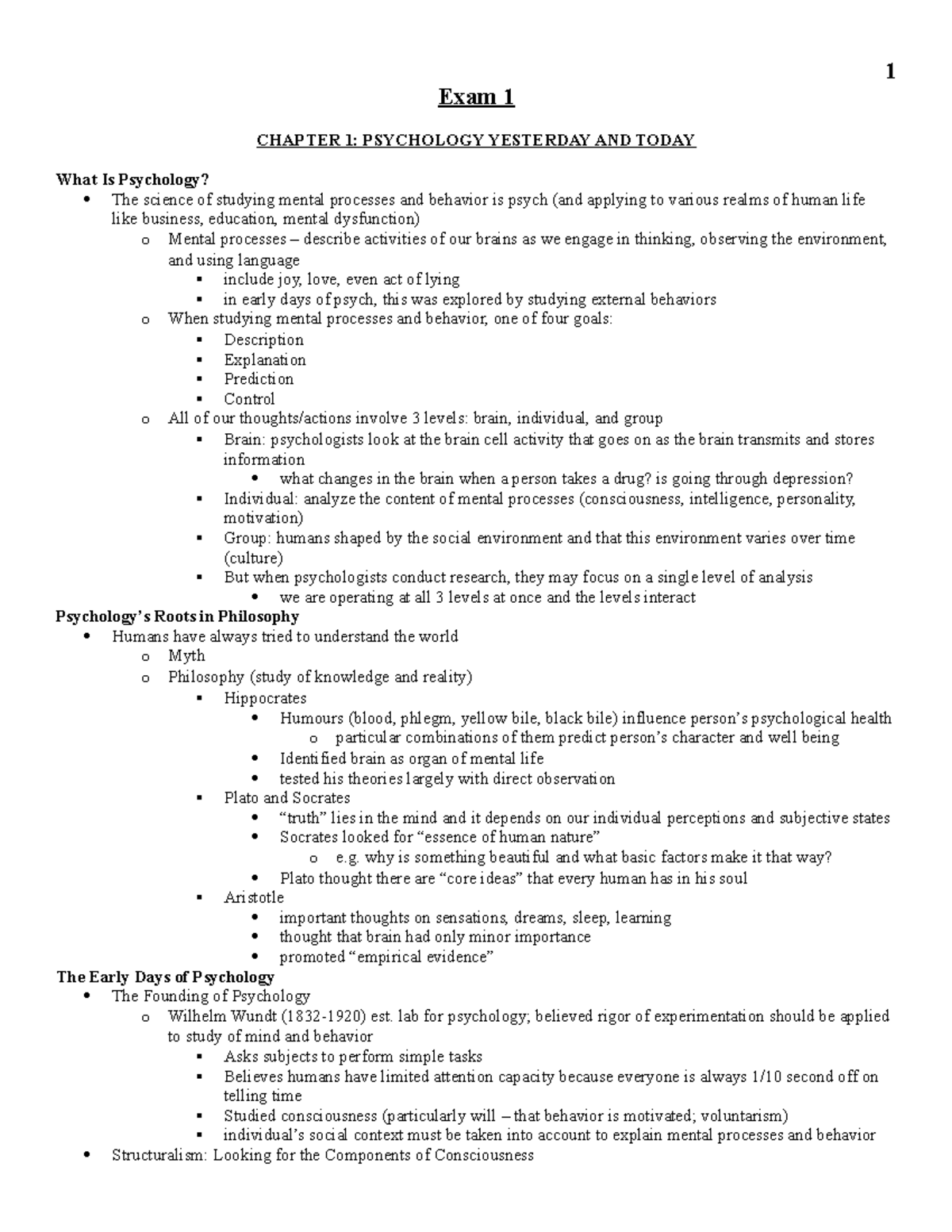 Final PSY 101 Study Guide - Exam 1 CHAPTER 1: PSYCHOLOGY YESTERDAY AND ...