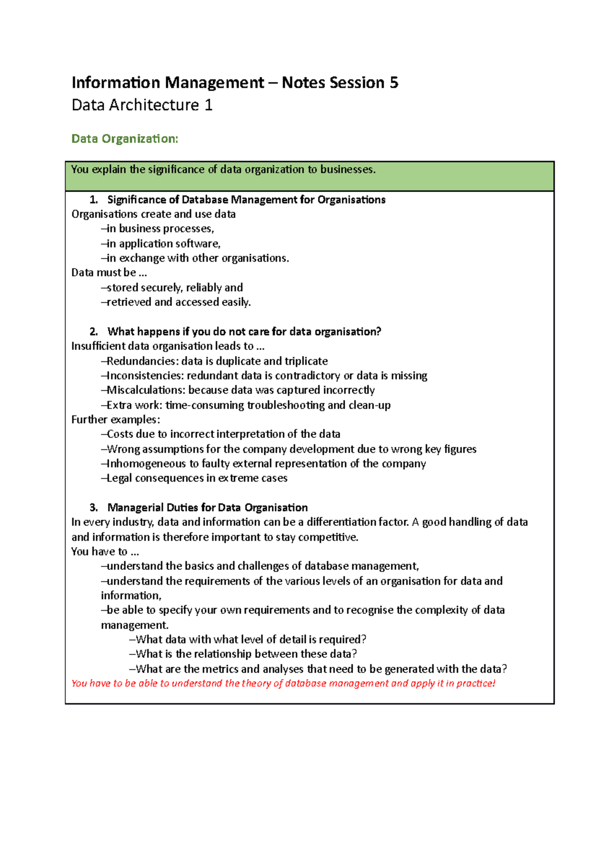 Data Architecture 1 - Summary/Notes English - Information Management ...