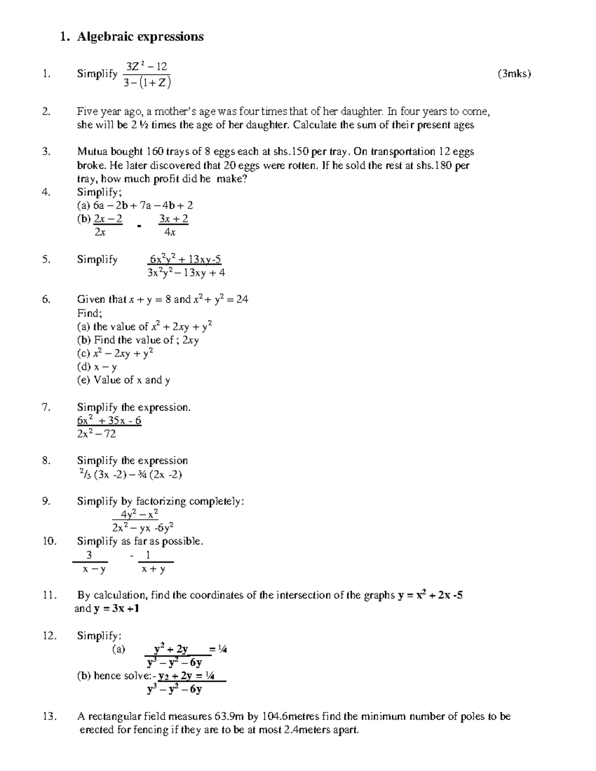 Algebraic expressions Q - 1. Algebraic expressions Simplify ( Z) Z − ...