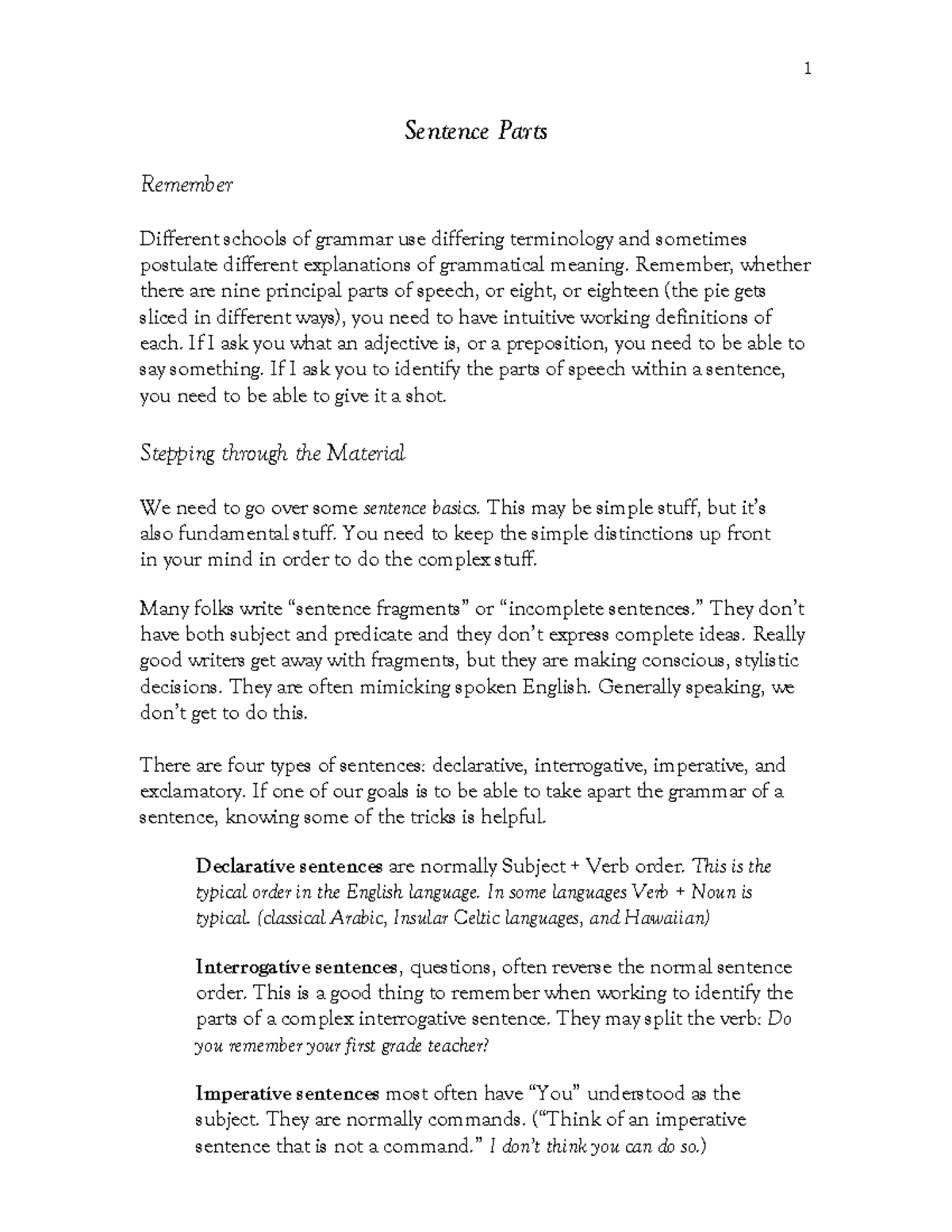 1 Sentence Parts Remember Different schools of