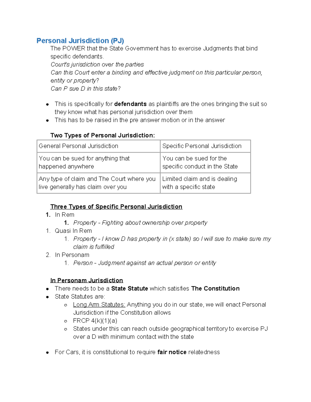 Civ Pro Outline - Personal Jurisdiction (PJ) The POWER That The State ...