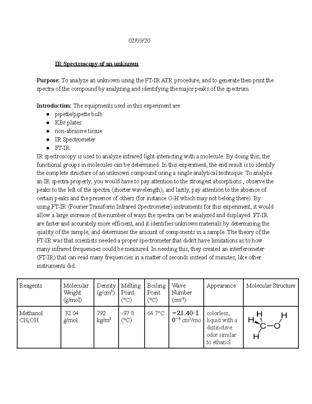 Copy of IR Spectroscopy 02/09/ IR Spectroscopy of an unknown Purpose