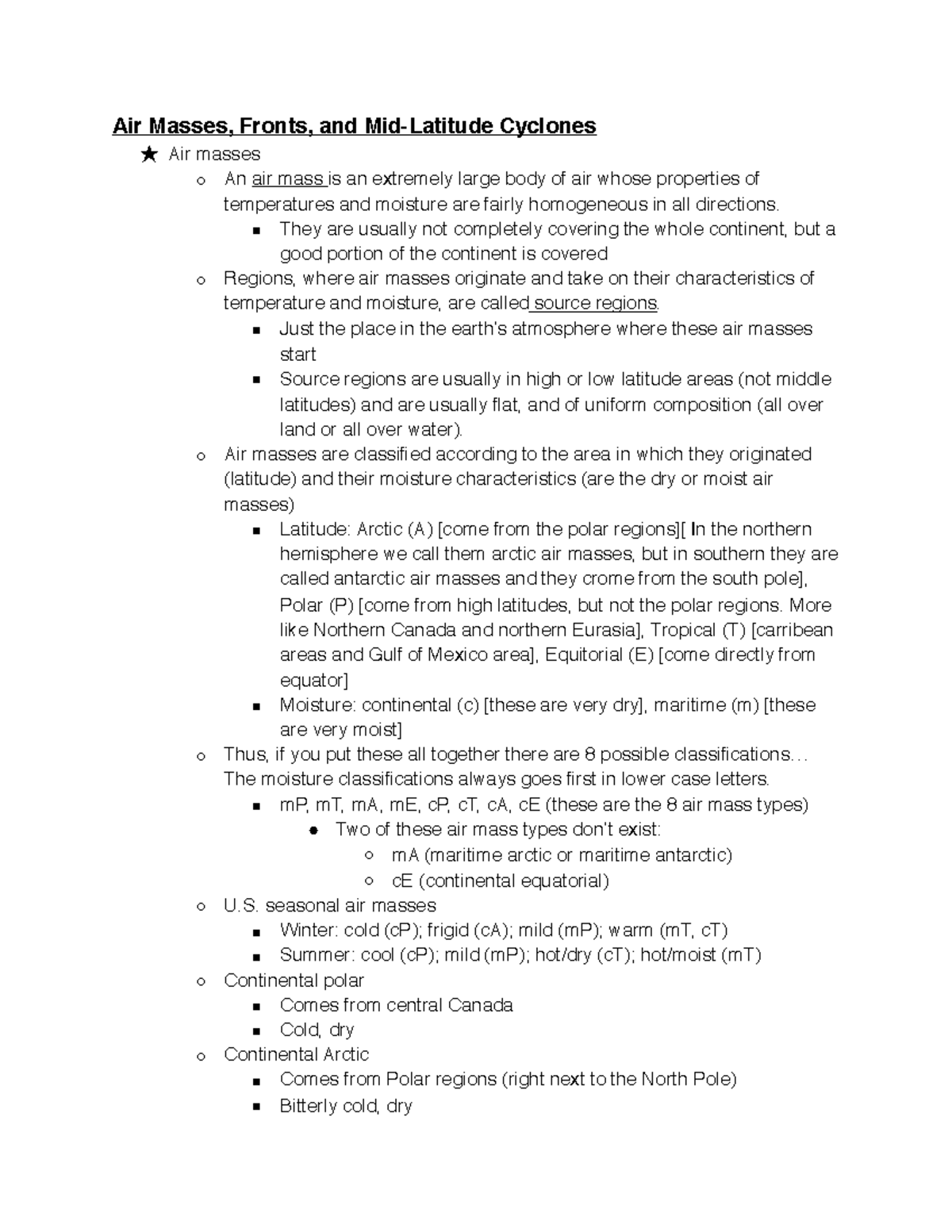 meteorology lecture 9 Air Masses, Fronts, and MidLatitude Cyclones ' Air masses ï An air mass