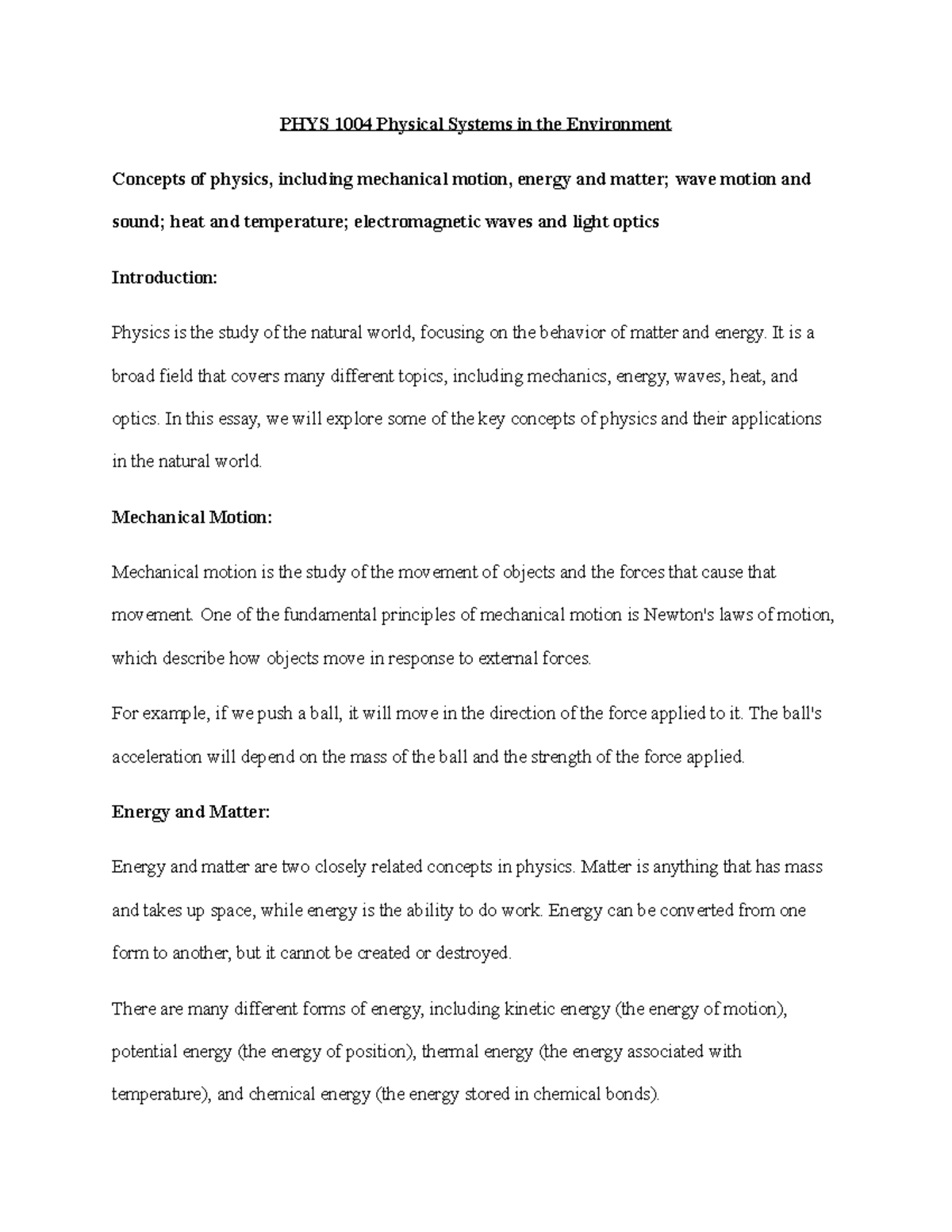 PHYS 1004 Physical Systems in the Environment - PHYS 1004 Physical ...