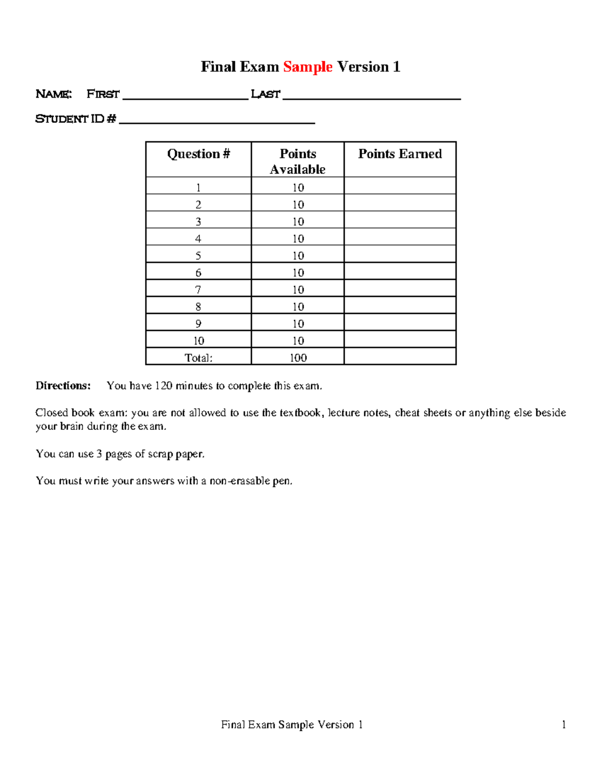 Final sample without solutions - Final Exam Sample Version 1 Name ...