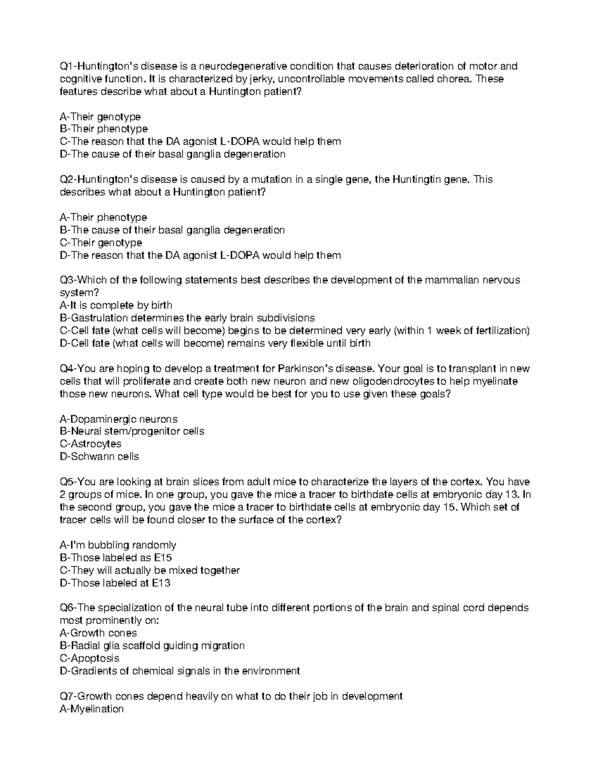 Midterm 2 example+answers Q1Huntington’s disease is a