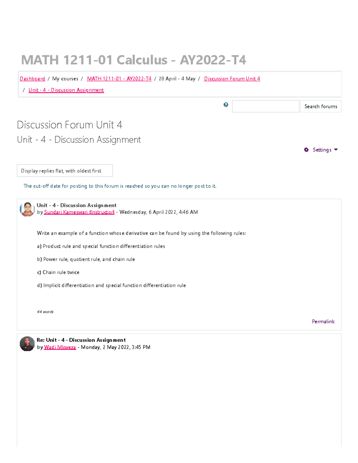 MATH 1211-01 - AY2022-T4 Unit - 4 - Discussion Assignment - MATH 1211 ...