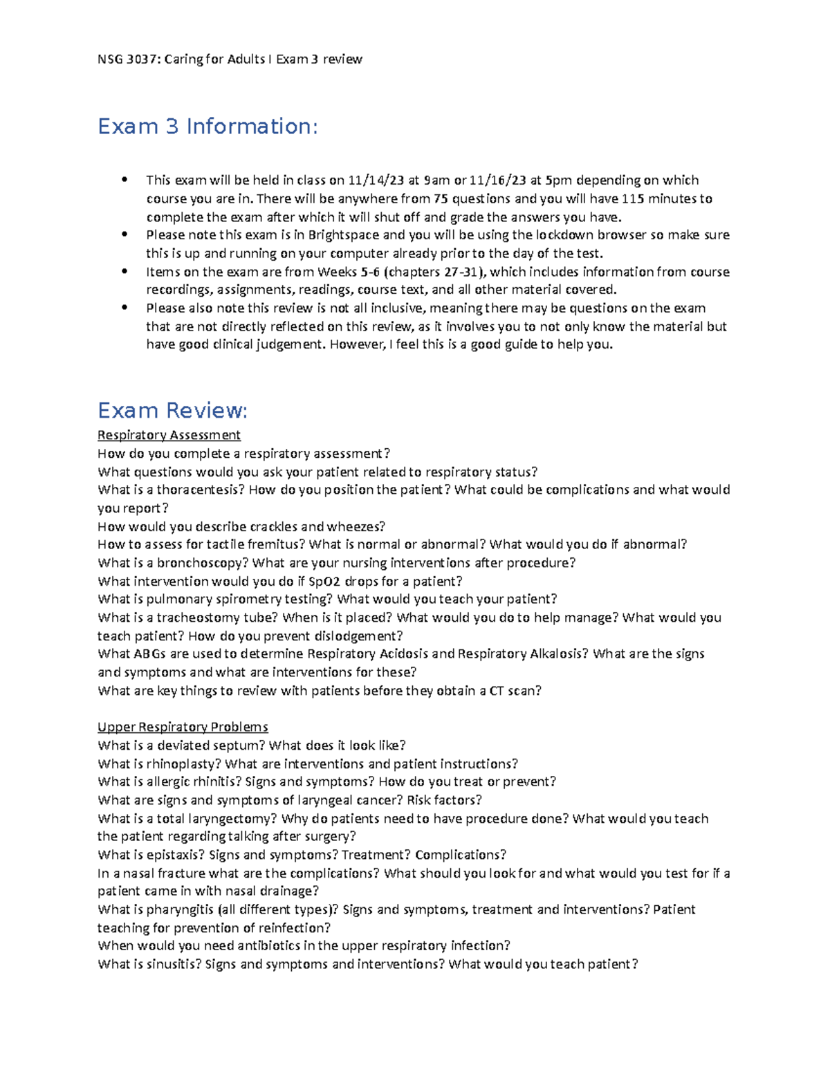Exam 3 Adult 1 study guide - NSG 3037: Caring for Adults I Exam 3 ...