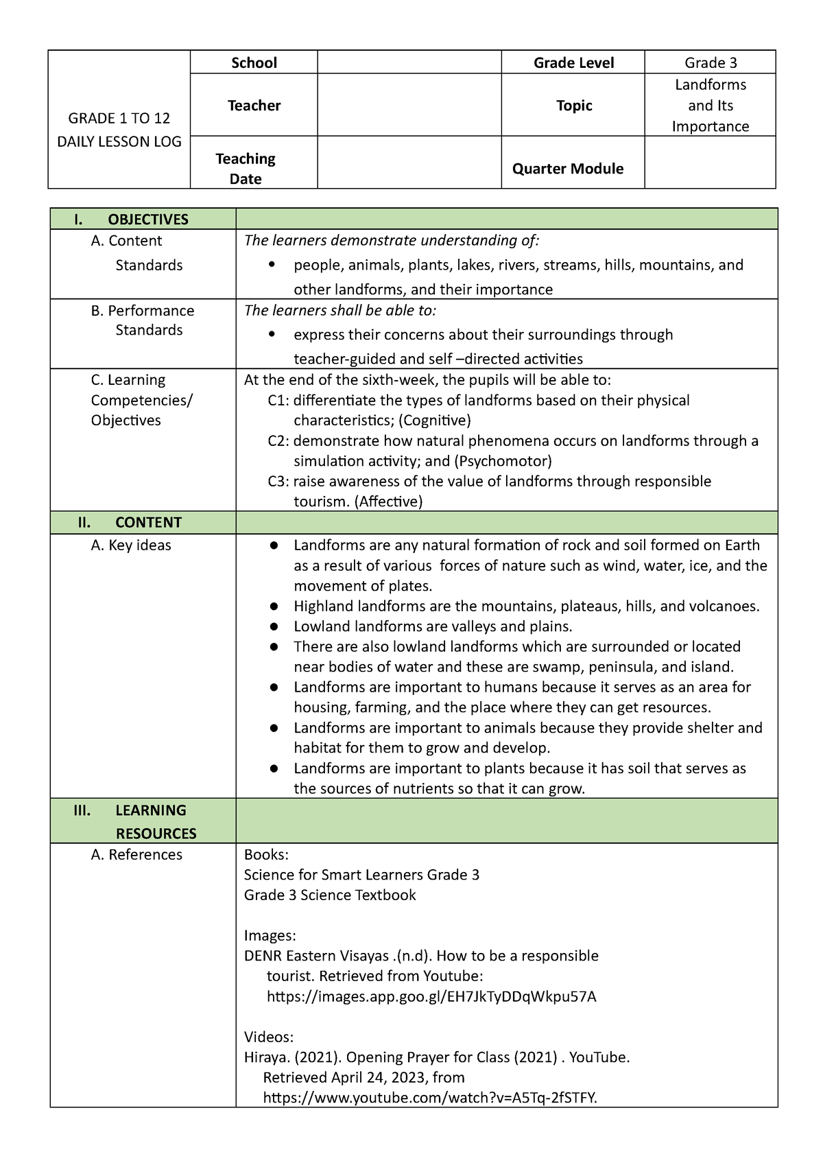 DLL Landforms Grade 3 - GRADE 1 TO 12 DAILY LESSON LOG School Grade ...