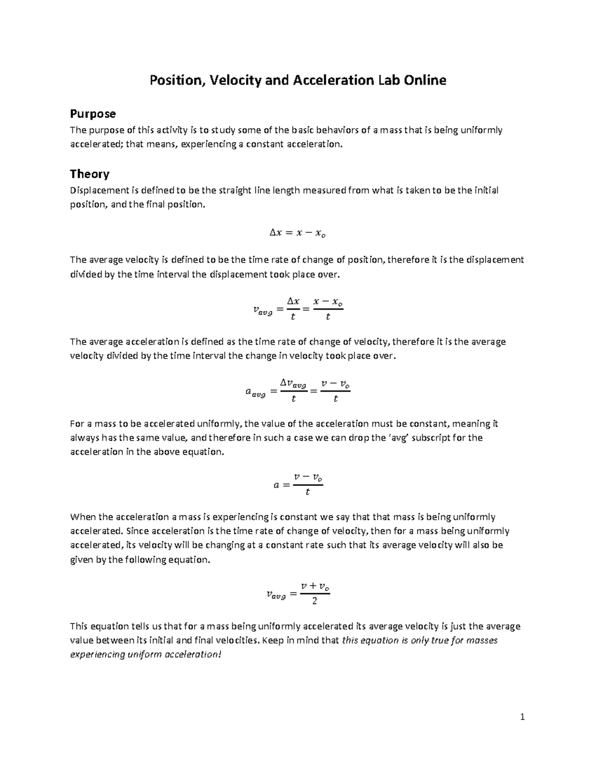 Phy 1611 Lab 2 - Phys - Position, Velocity And Acceleration Lab Online ...