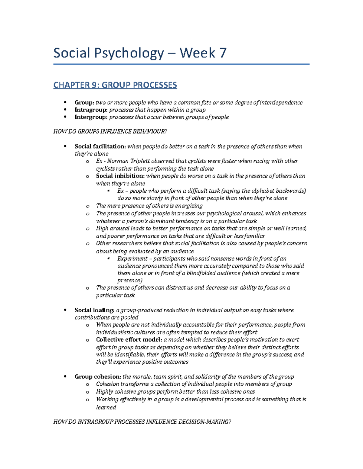 Week 7 (PSYC2310) - Summary Introduction to Social Psychology SFW ...