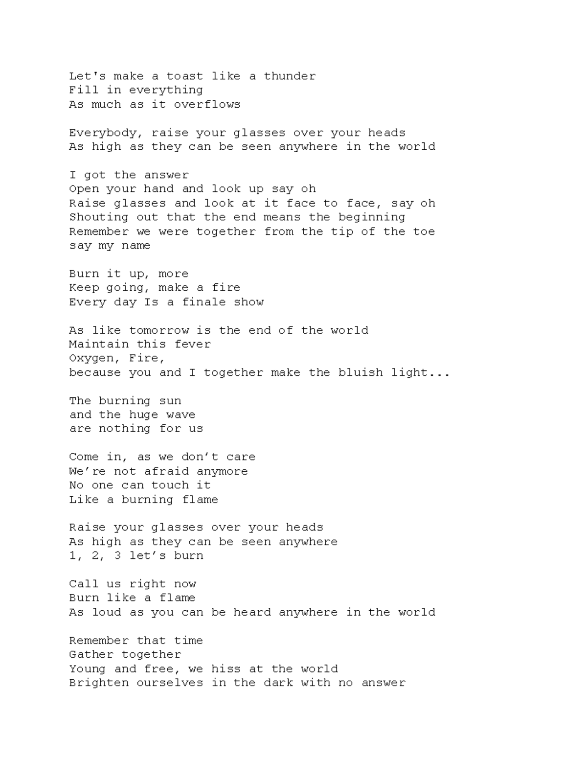 answer answer answer - Let's make a toast like a thunder Fill in ...