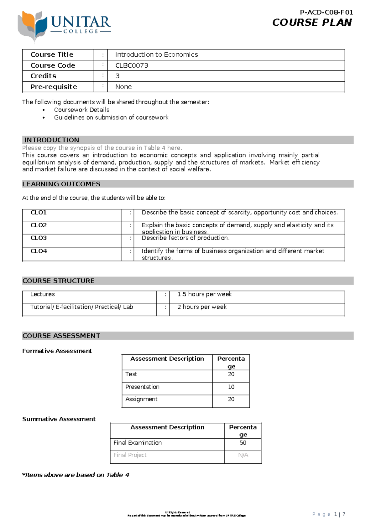 Econs Courseplan 92023 - COURSE PLAN Course Title : Introduction to ...