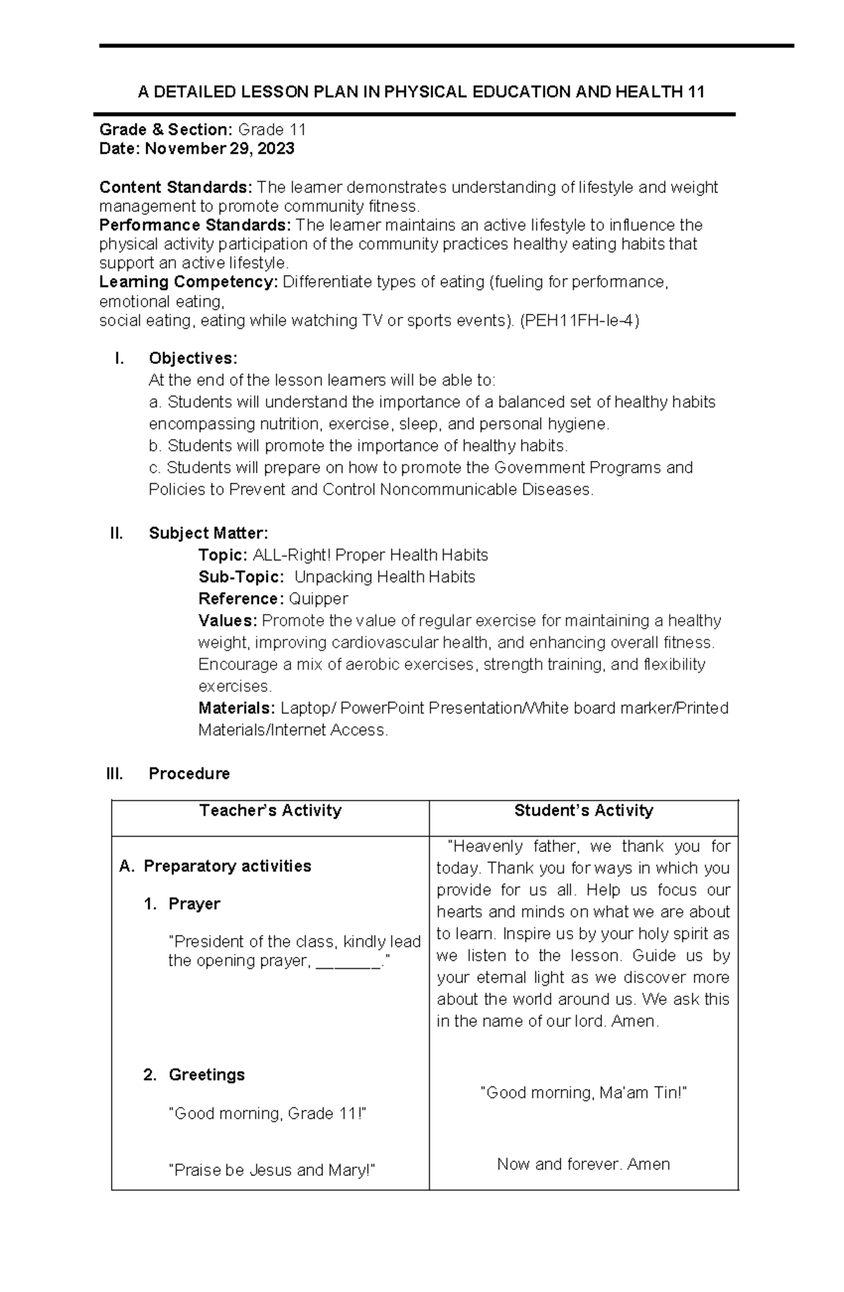 All Right Proper Health Habits - A Detailed Lesson Plan In Physical 