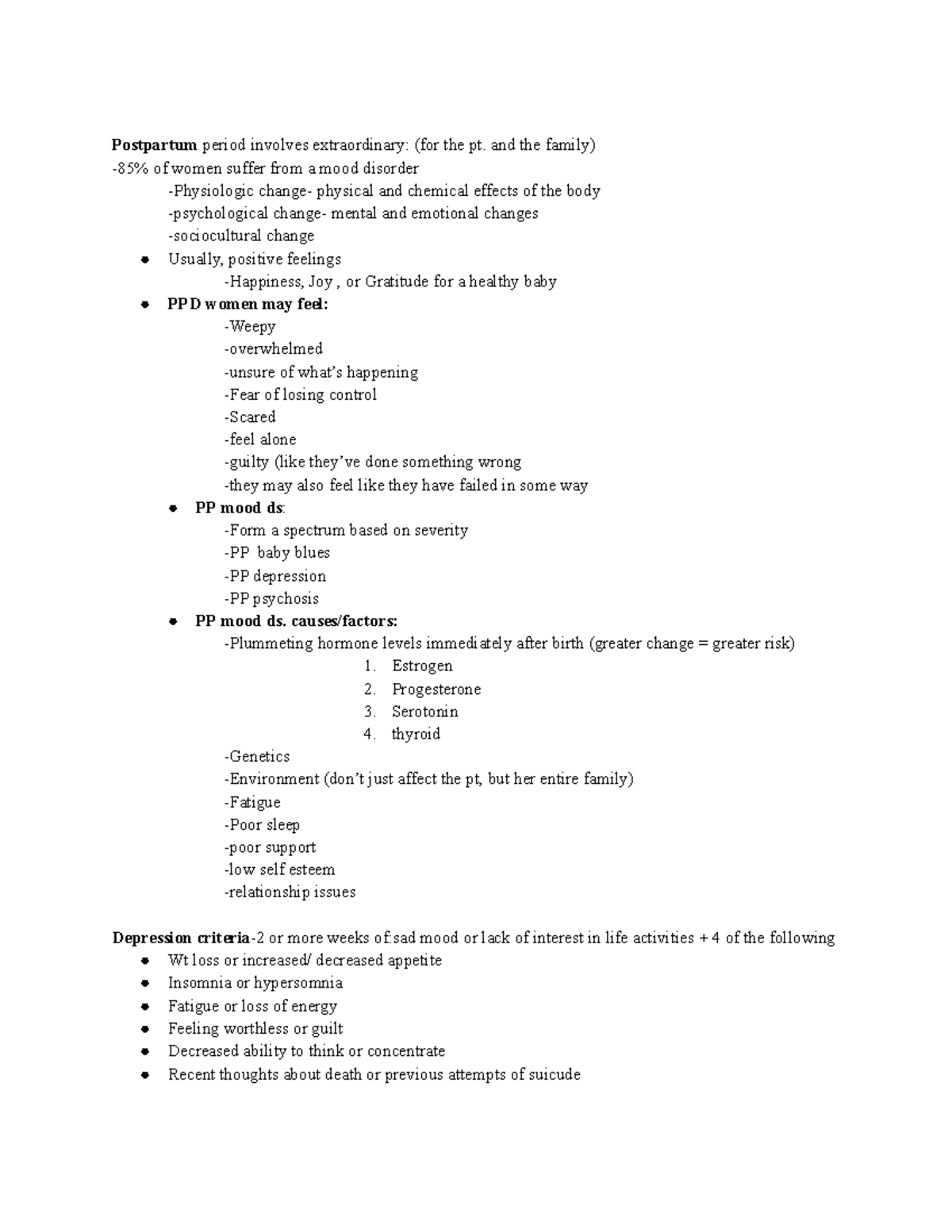 Mood and affect - class notes - Postpartum period involves ...