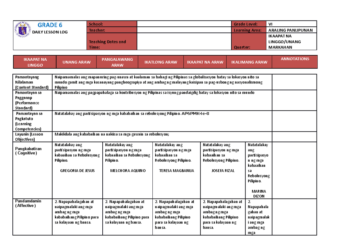 A.P 6 WEEK 4 Quarter 1 - GRADE 6 DAILY LESSON LOG School: Grade Level ...