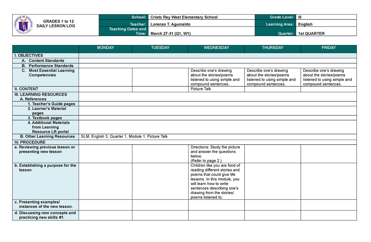 English 3 August 29-September 1, 2023 - GRADES 1 to 12 DAILY LESSON LOG ...