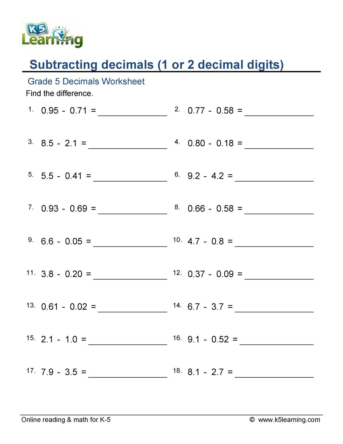 Subtracting Decimals - worksheet - BS in Medical laboratory Science ...