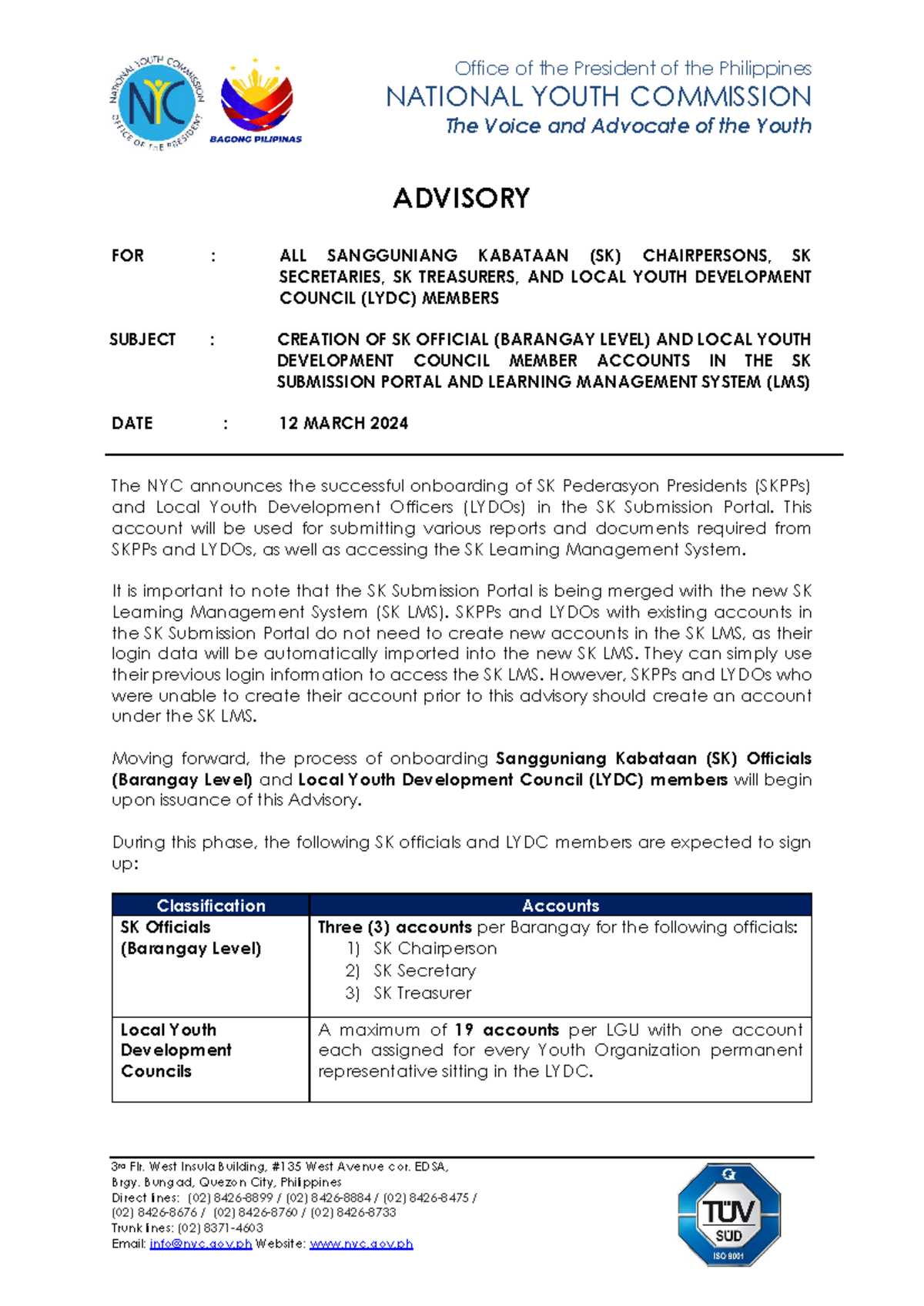 G. Advisory Creation of SK Barangay and LYDC Accounts signed - NATIONAL ...