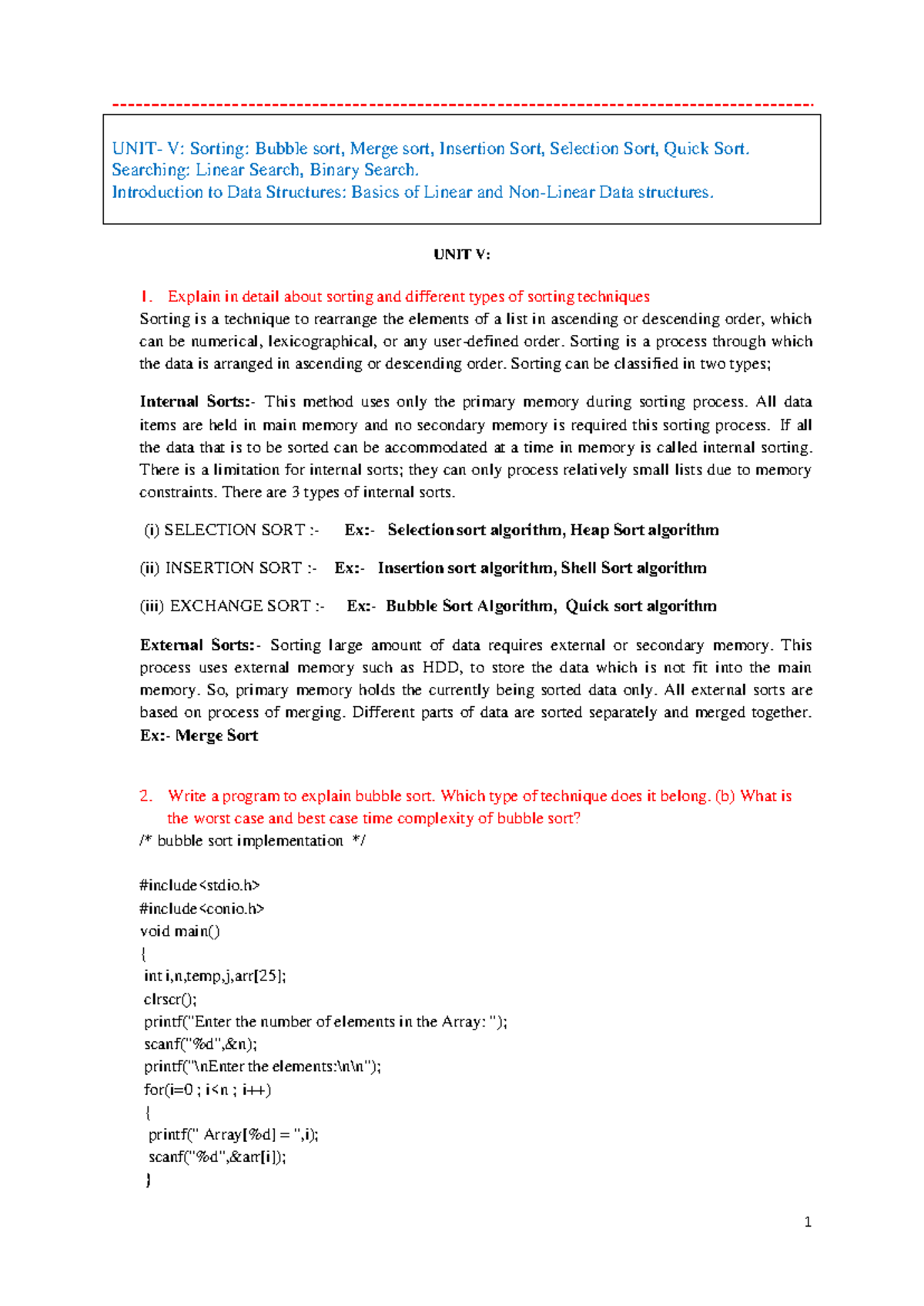 3519Sorting And fundamentals Notes IAT2 - UNIT- V: Sorting: Bubble sort ...