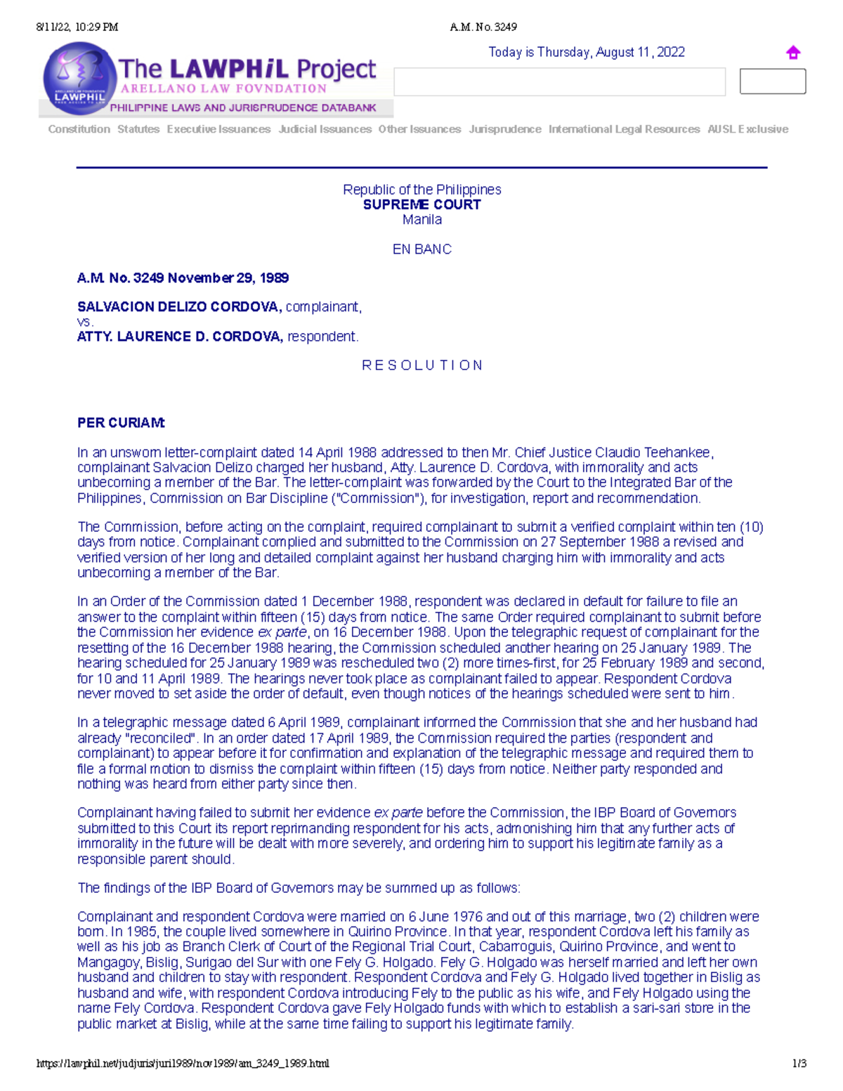 3. Cordova vs. Cordova (179 SCRA 680) 8/11/22, 1029 PM A. No. 3249 Studocu