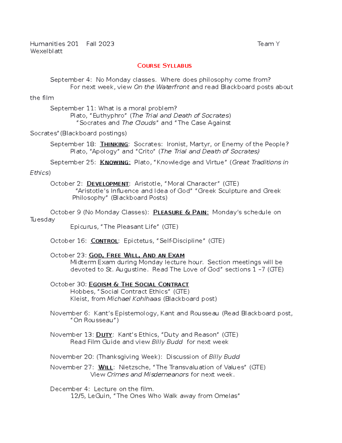 HU201 Syllabus - Humanities 201 Fall 2023 Team Y Wexelblatt COURSE ...