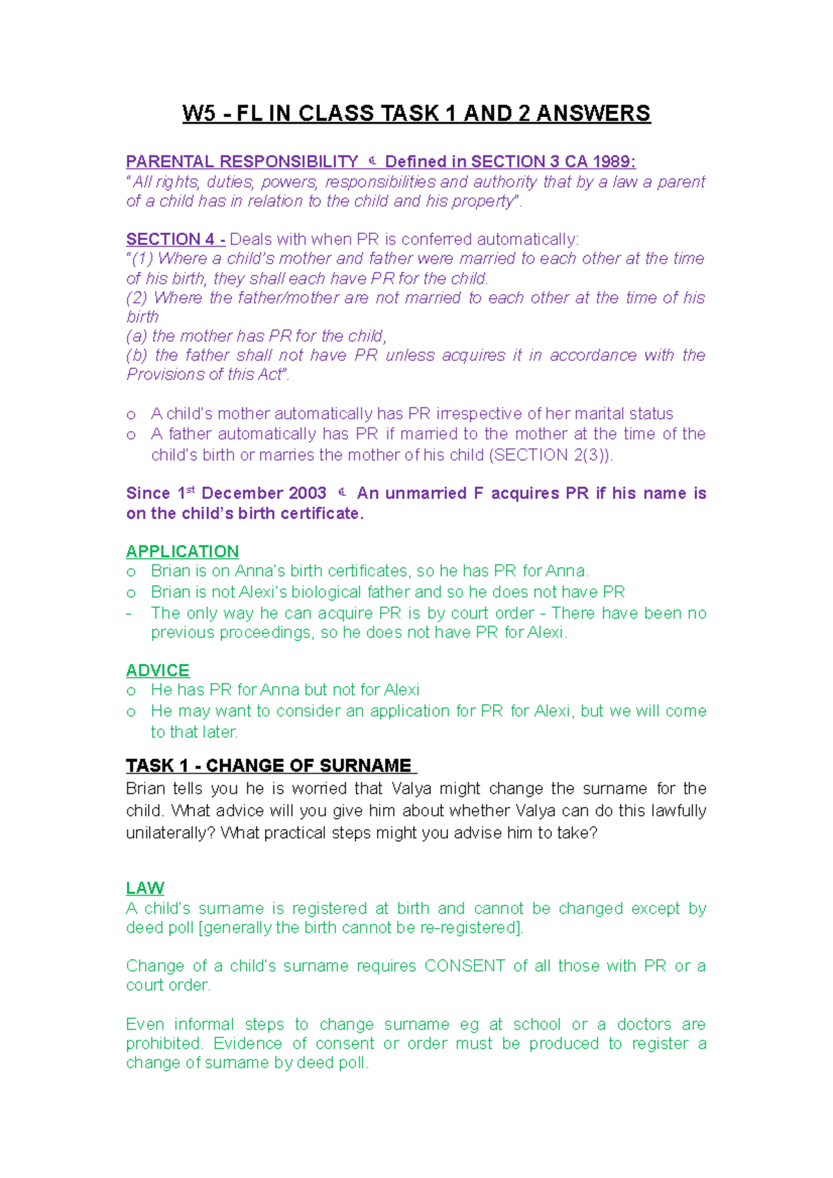 Parental Responsibility - W5 - FL IN CLASS TASK 1 AND 2 ANSWERS ...