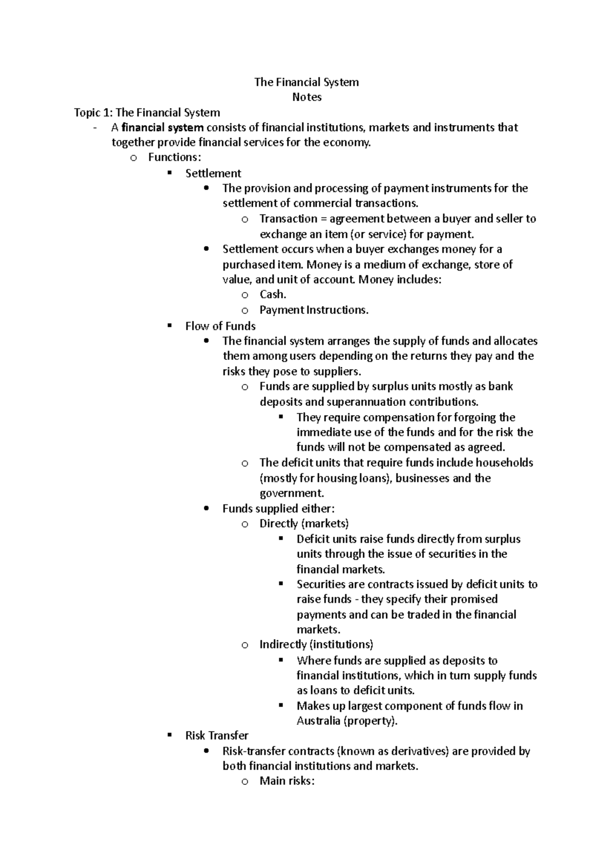 The Financial System Notes - The Financial System Notes Topic 1: The ...