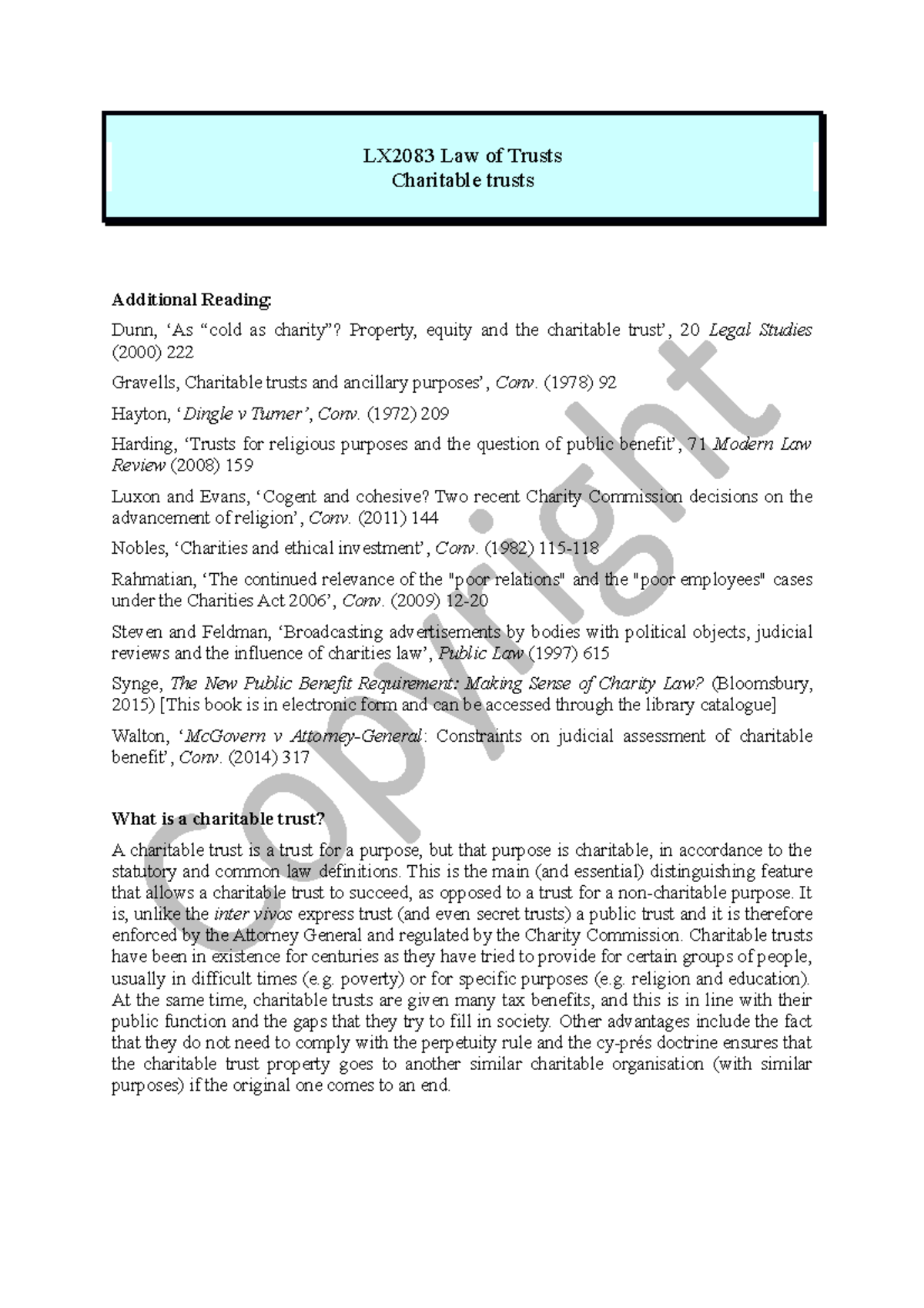 Charitable Trusts topic outline for trusts law module - LX2083 Law of ...