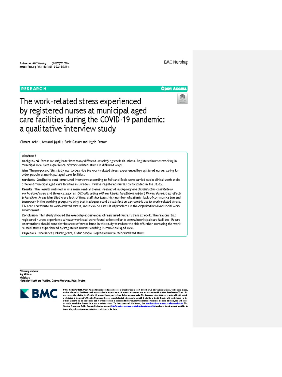 Work-related stress - Arén et al. BMC Nursing (2022) 21: doi/10.1186 ...