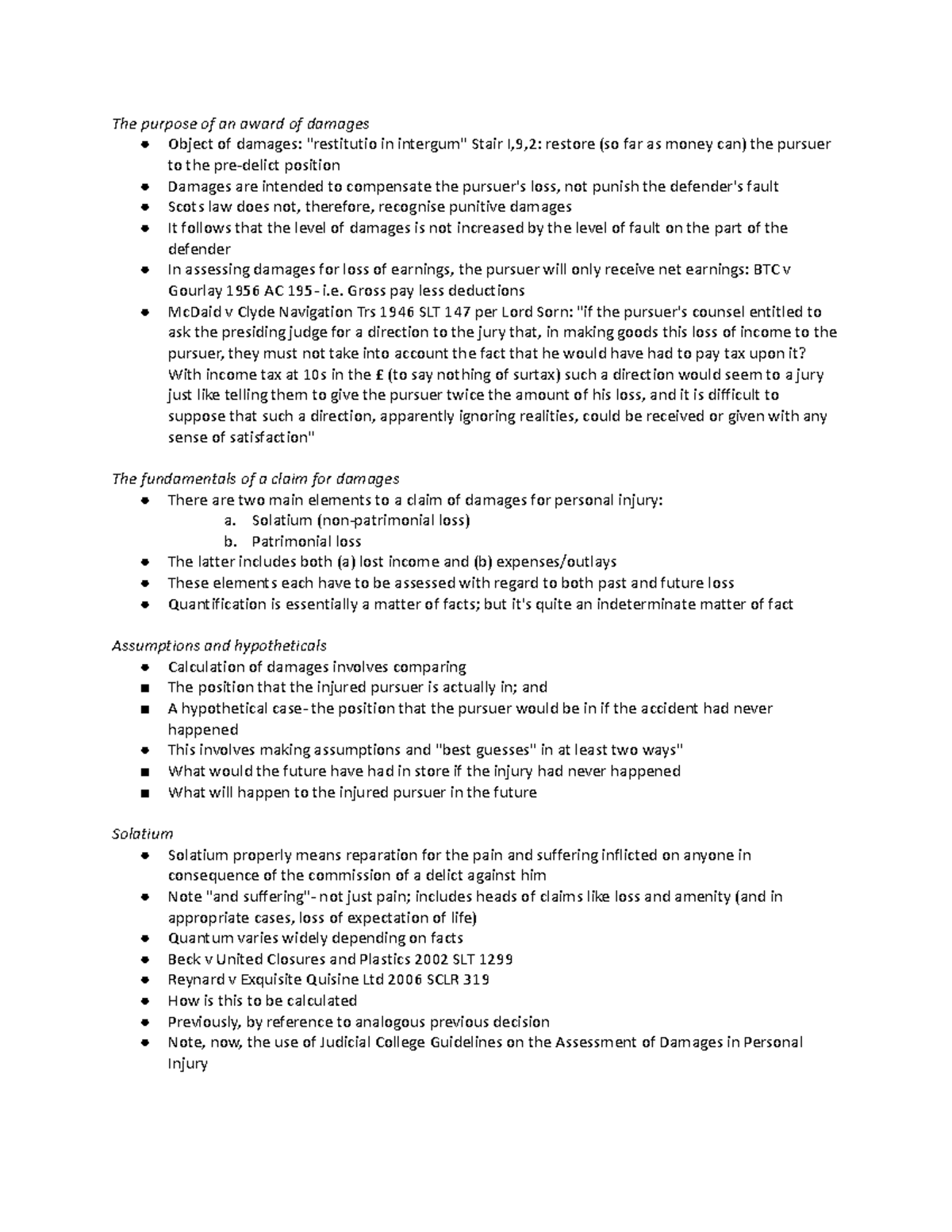 Damages for Personal Injury The purpose of an award of damages Object