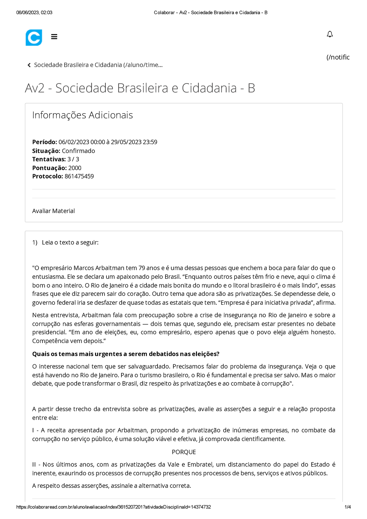 Colaborar - Av2 - Sociedade Brasileira E Cidadania - B - Sociedade ...