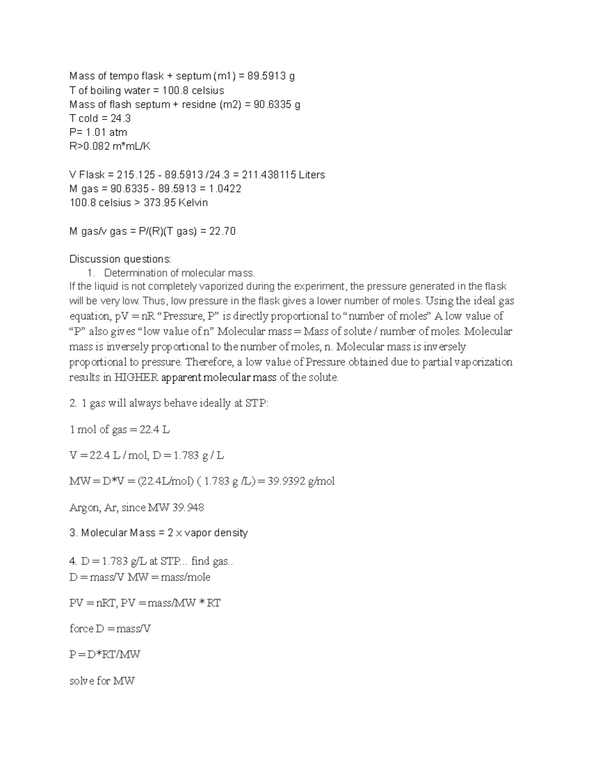 #7 Molar Mass - Mass of tempo flask + septum (m1) = 89 g T of boiling ...