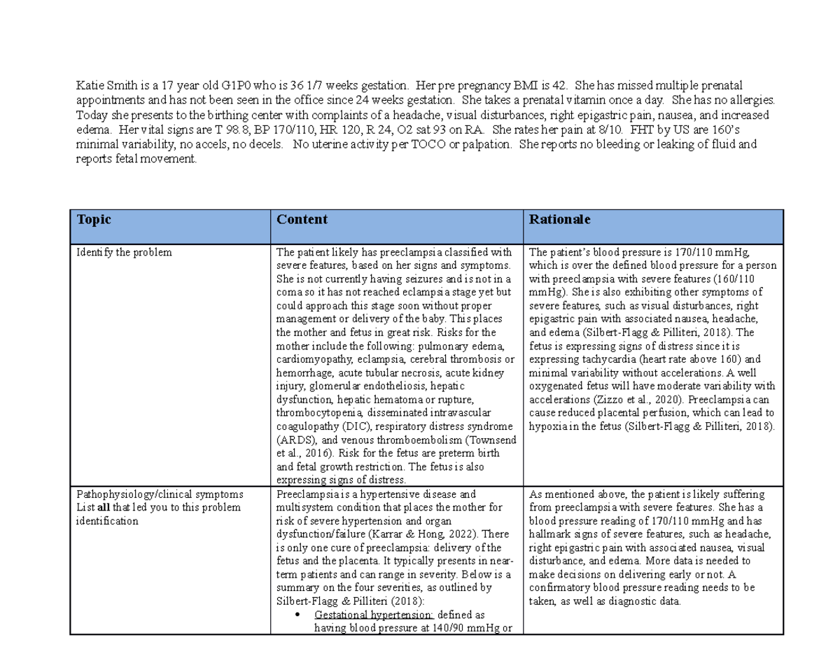 Preeclampsia Case Study Katie Smith is a 17 year old G1P0 who is 36 1